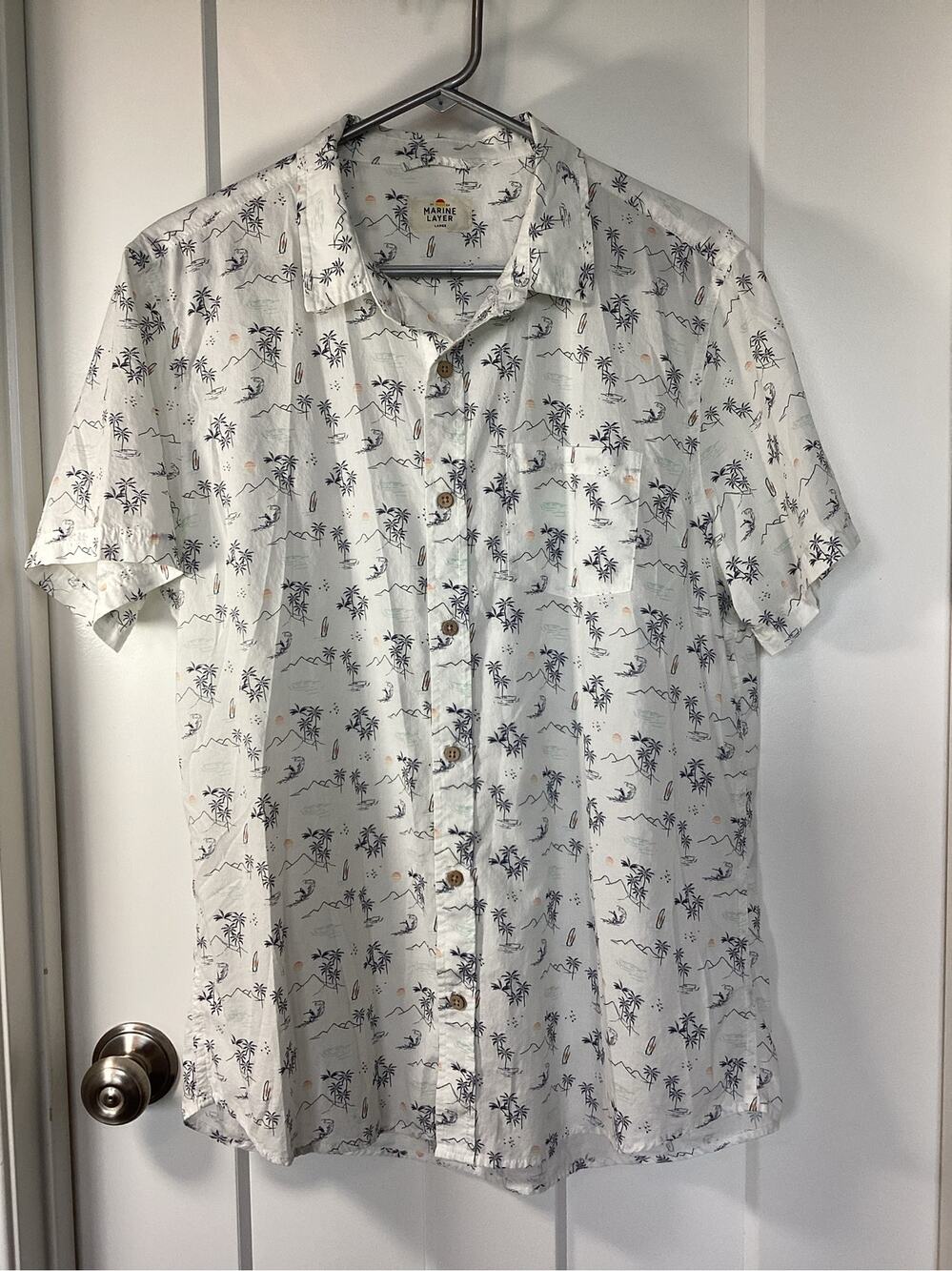Marine Layer Men's Tropical Palm Short-Sleeve Button-Up Shirt White Black Large